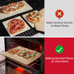 Unicook stone inside oven with two pizzas demonstrating consistent baking and larger capacity