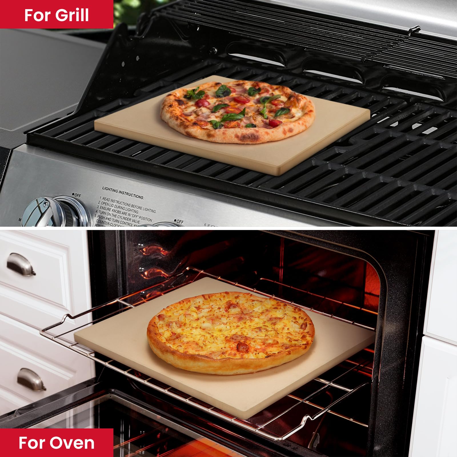 Unicook stone on grill with pizza showing outdoor use and high-heat performance