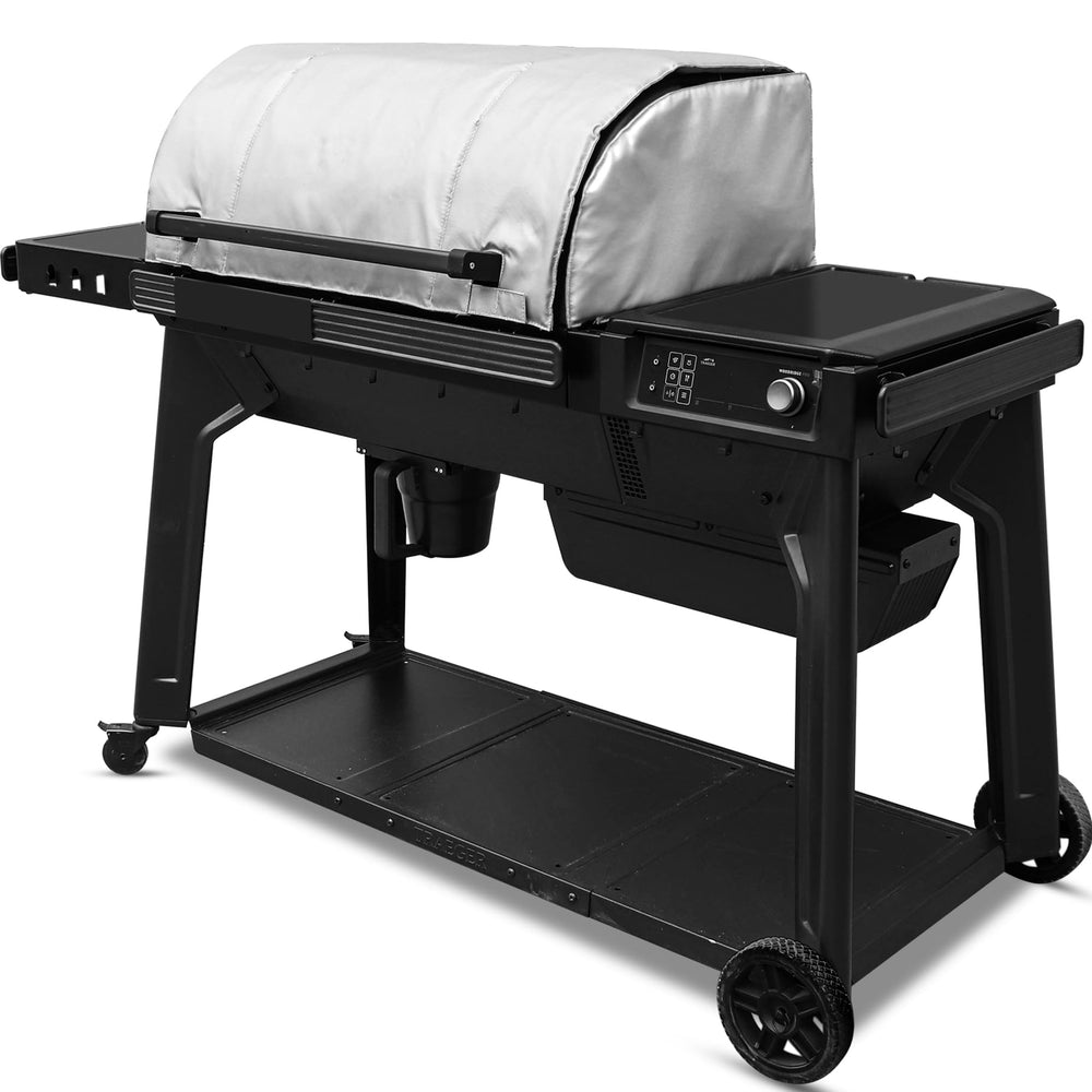 Unidanho front view of insulated blanket on grill, showing full coverage and protection