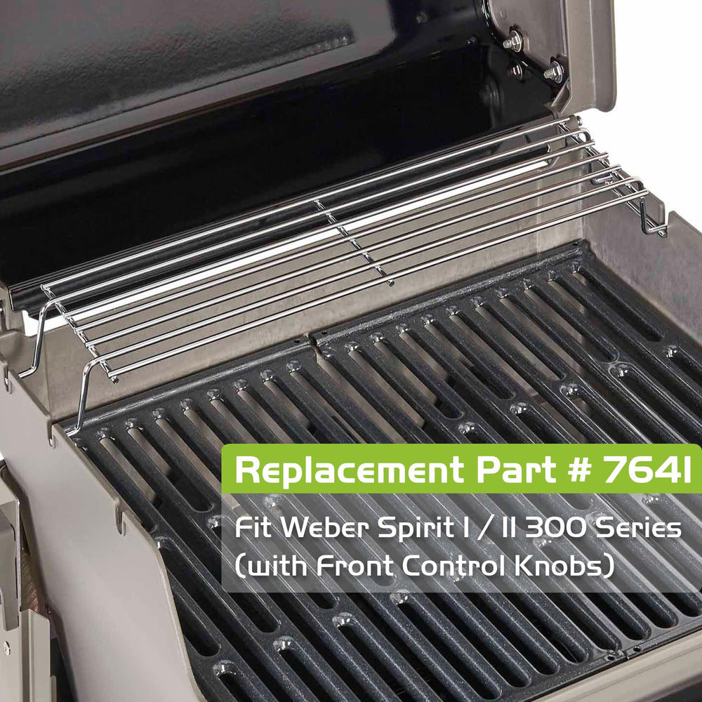 Unidanho warming rack installed on Weber Spirit grill demonstrating proper fit and usability