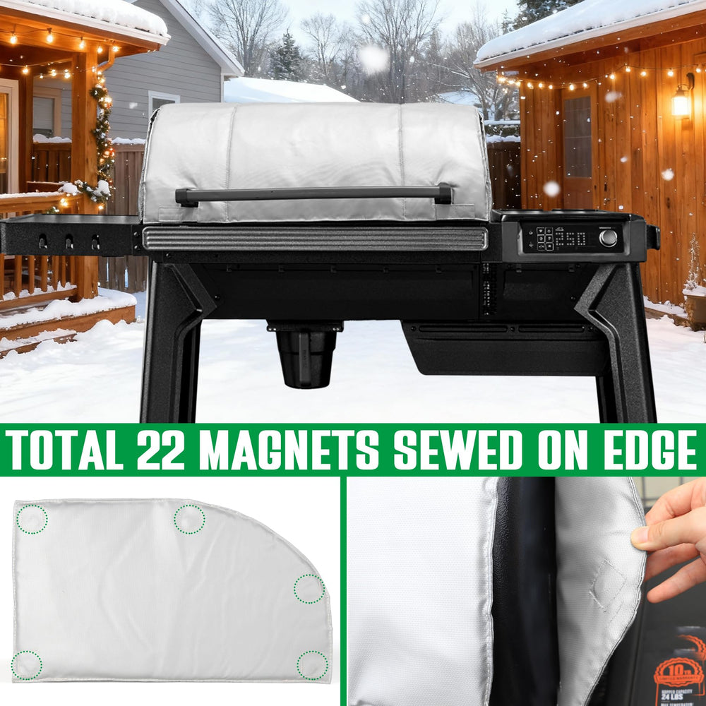 Unidanho on smoker in snowy backyard, enabling year-round grilling despite cold