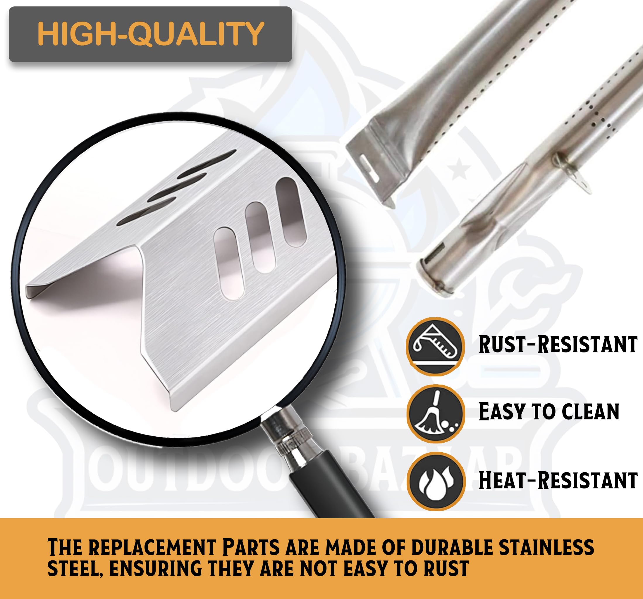 UniFlame burner tube detail showing ports and stainless material for lasting performance