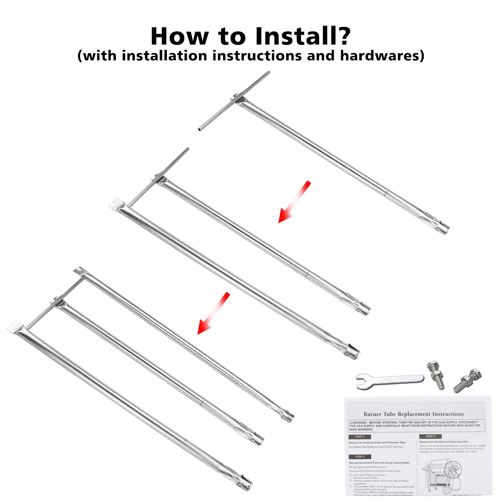 Uniflasy burner tubes beside a measuring tape showing accurate dimensions for fit confirmation