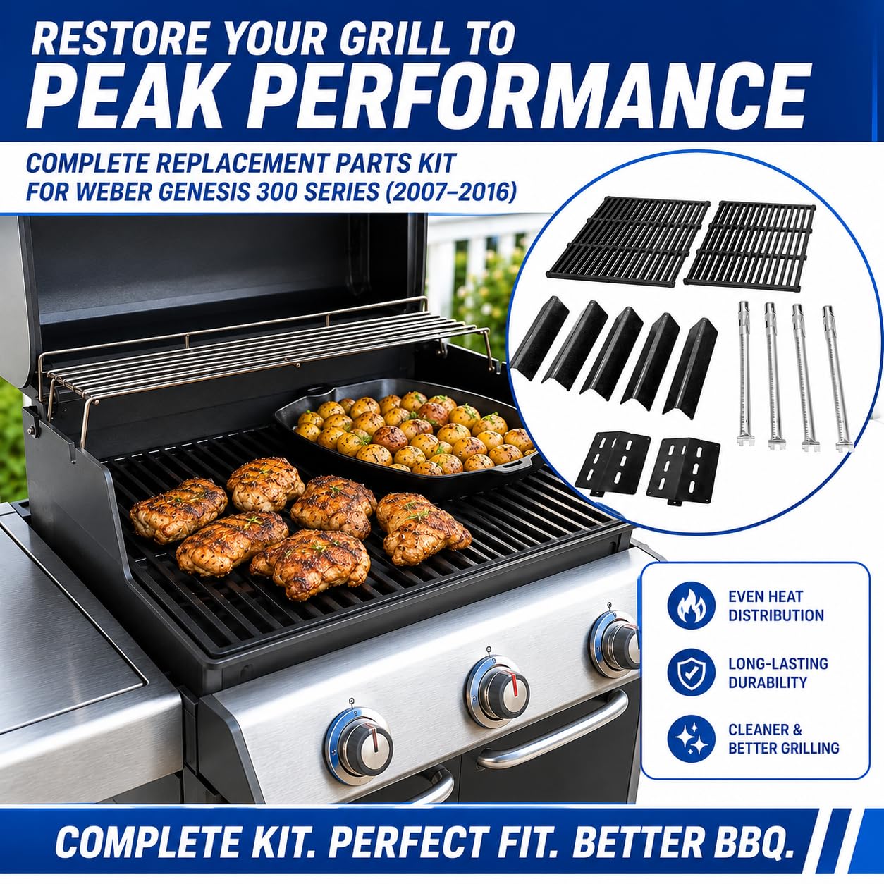 Uniflasy lifestyle backyard grill scene illustrating restored performance and better searing