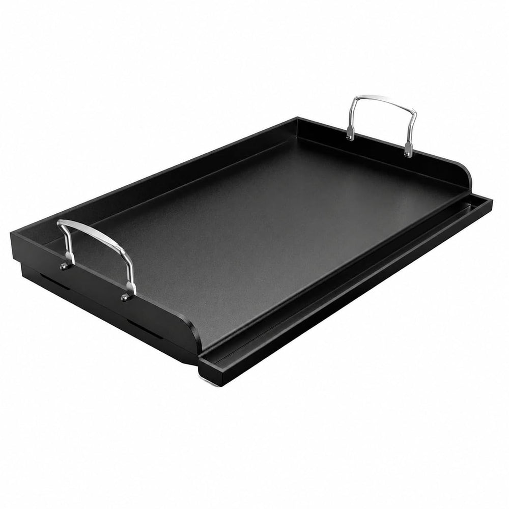 Uniflasy griddle plate front view shows ready-to-use flat top and handles, easier grilling