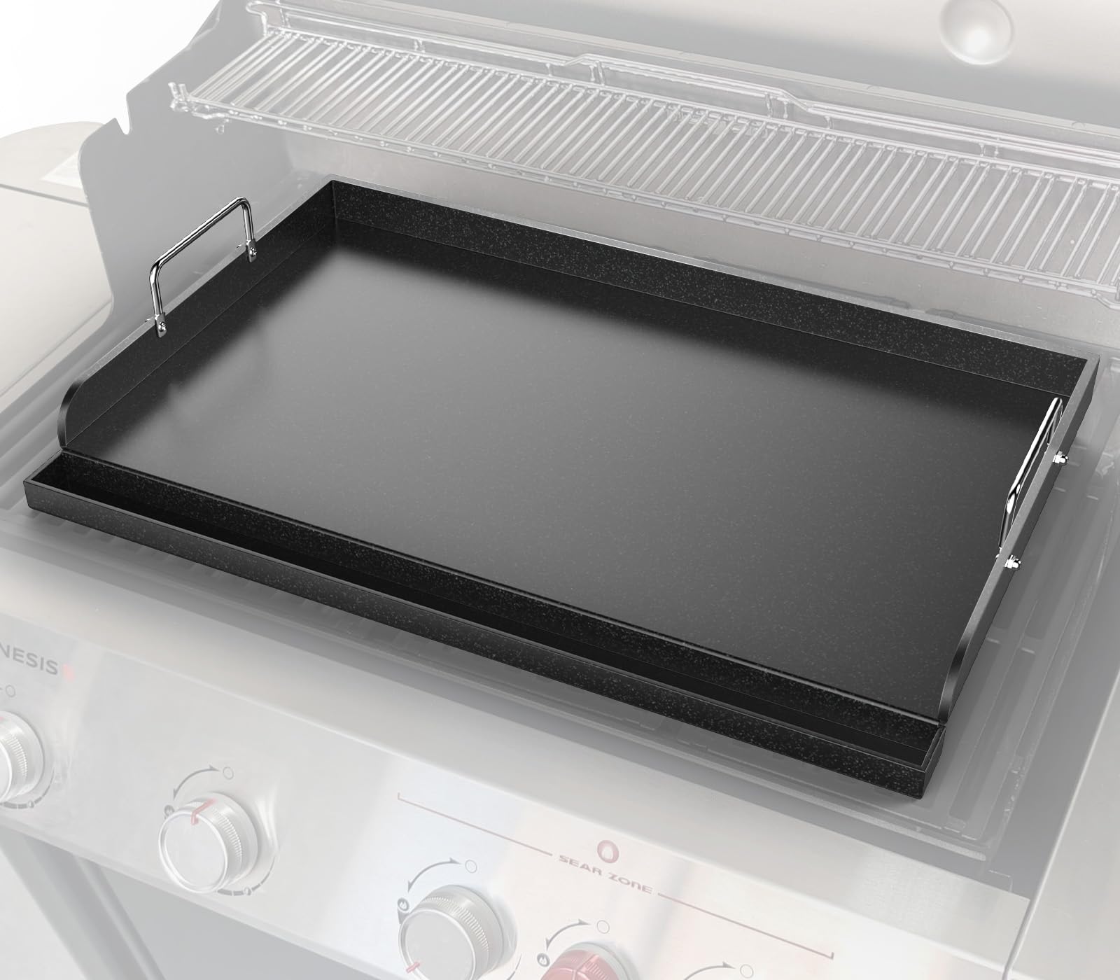 Uniflasy front view showing full 25x16 inch cooking surface and nonstick benefit