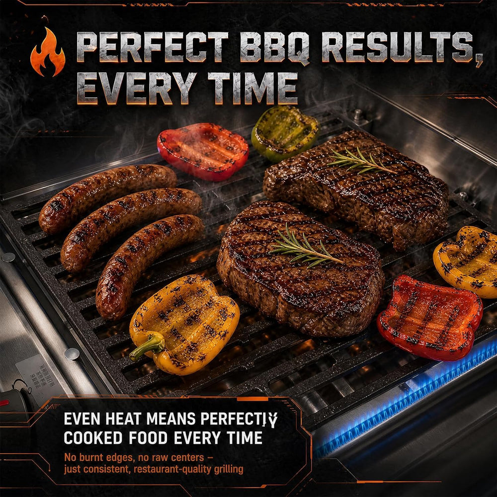 Uniflasy heat plates under grate protecting burners and reducing flare-ups