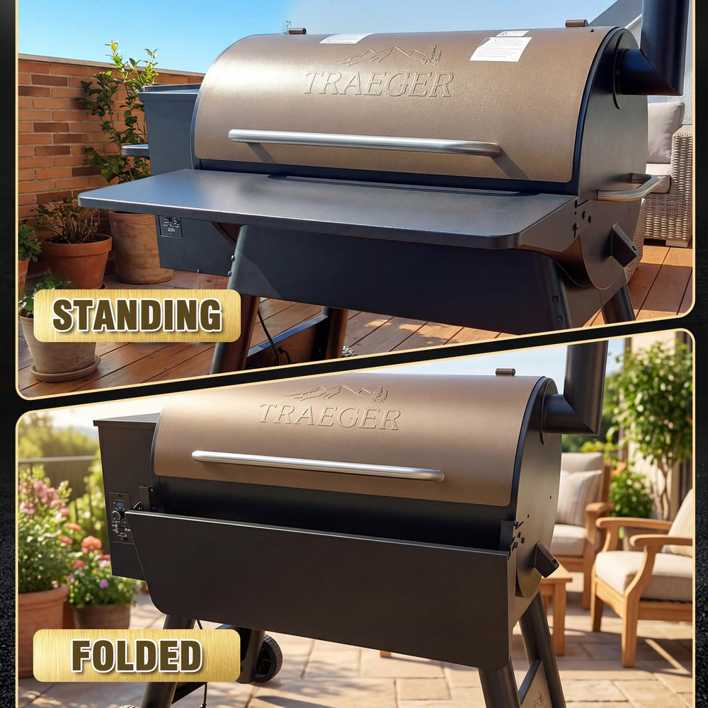 Uniflasy shelf in use holding trays, sauces, and grilling tools for convenience