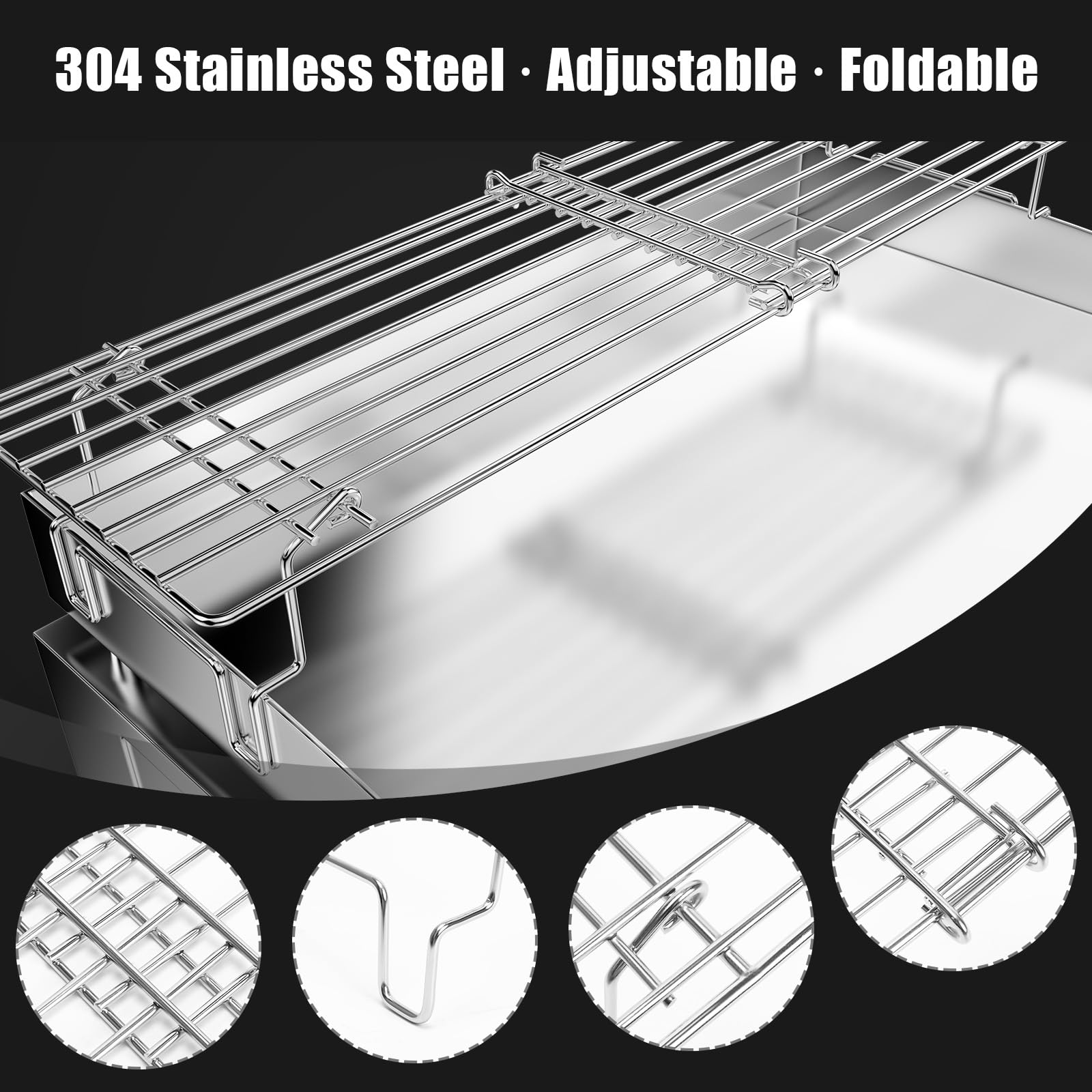 Uniflasy telescoping rack extended to show adjustable length for different grills