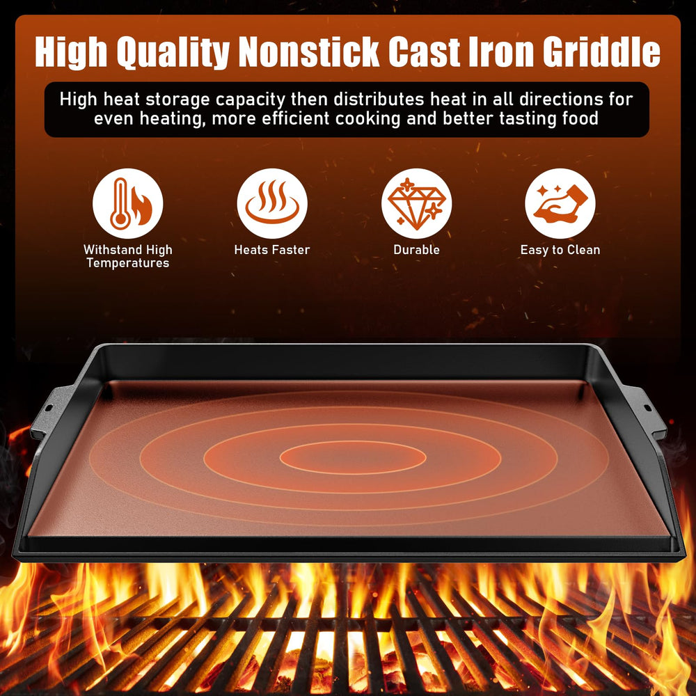 Uniflasy griddle on stovetop next to burner showing universal-fit benefit