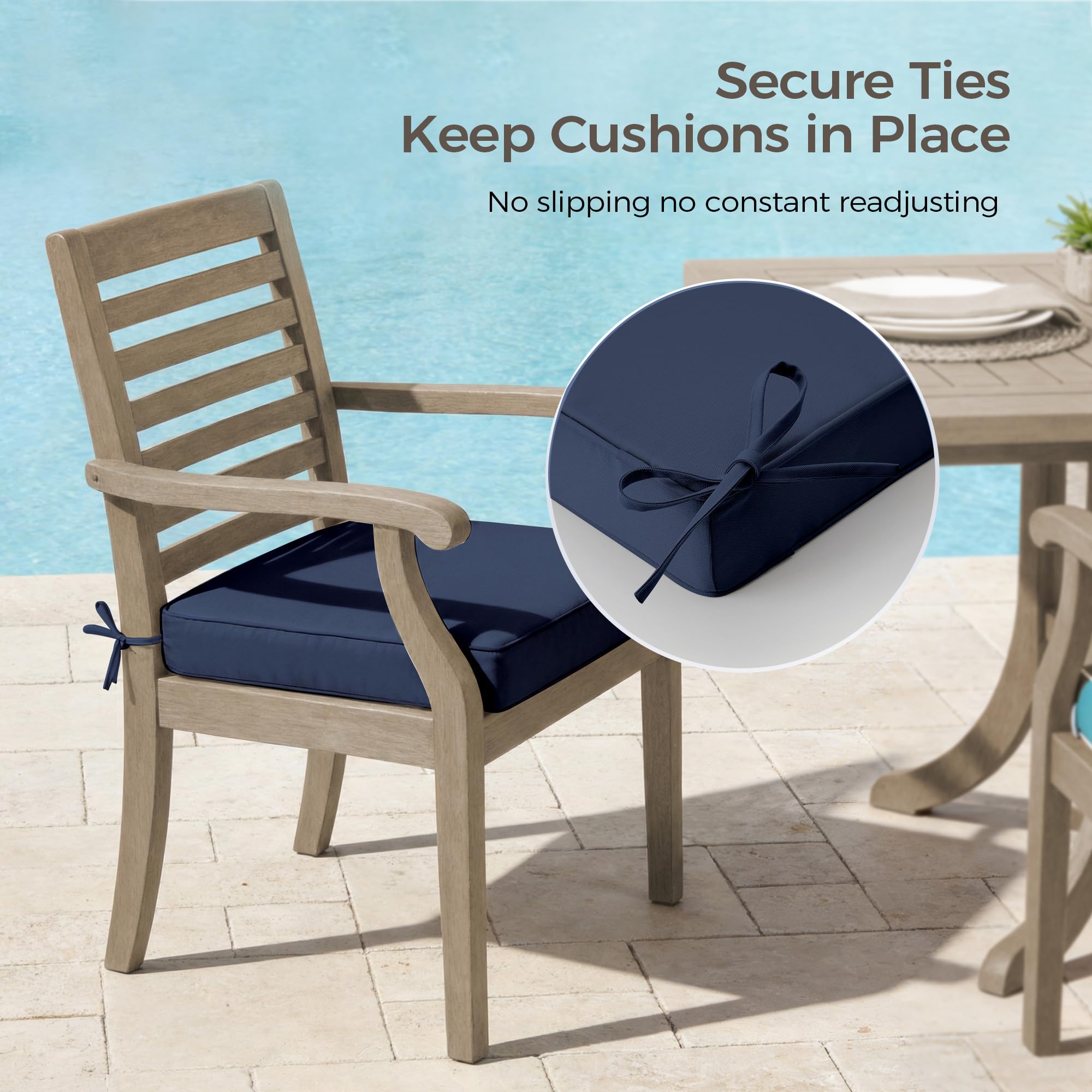 UNIKOME cushion placed on patio chair demonstrating outdoor comfort and use