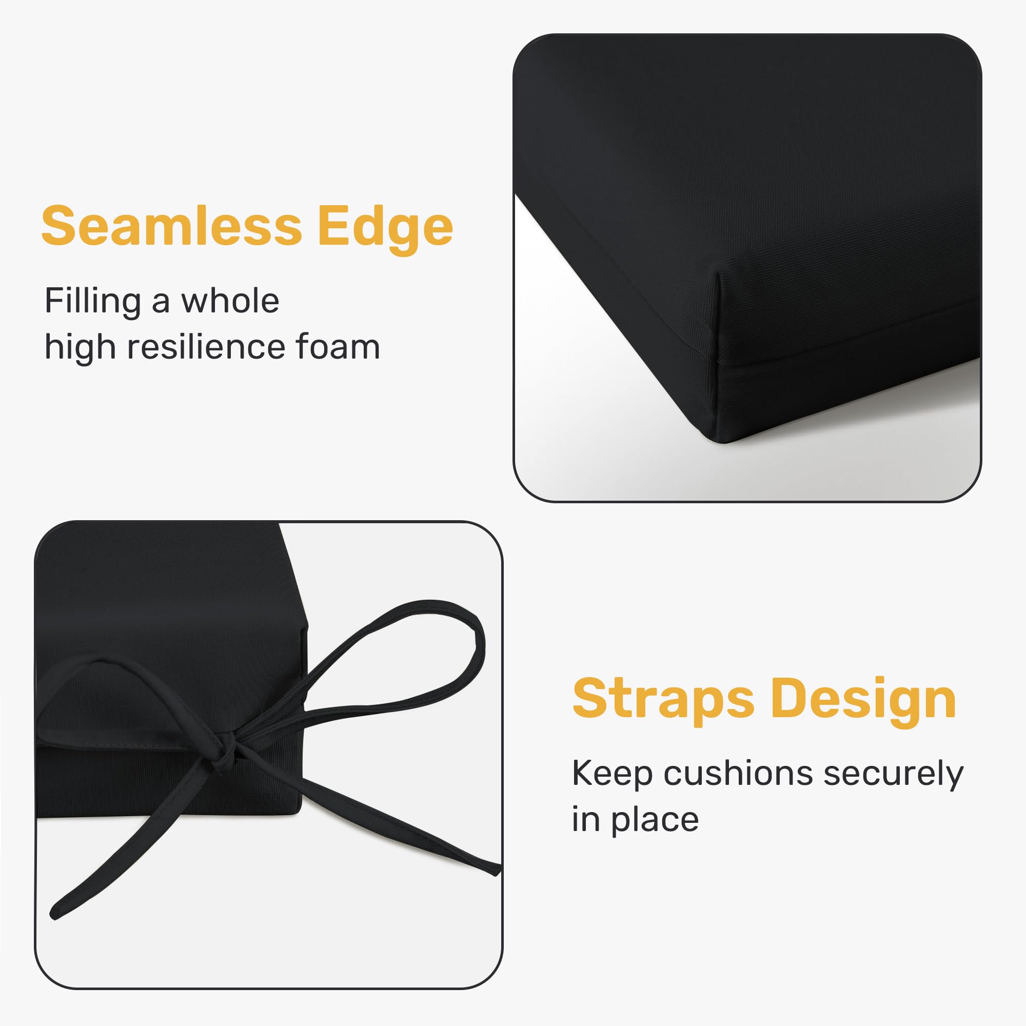 UNIKOME sewn tie strap detail securing cushion to chair for slip-resistant seating