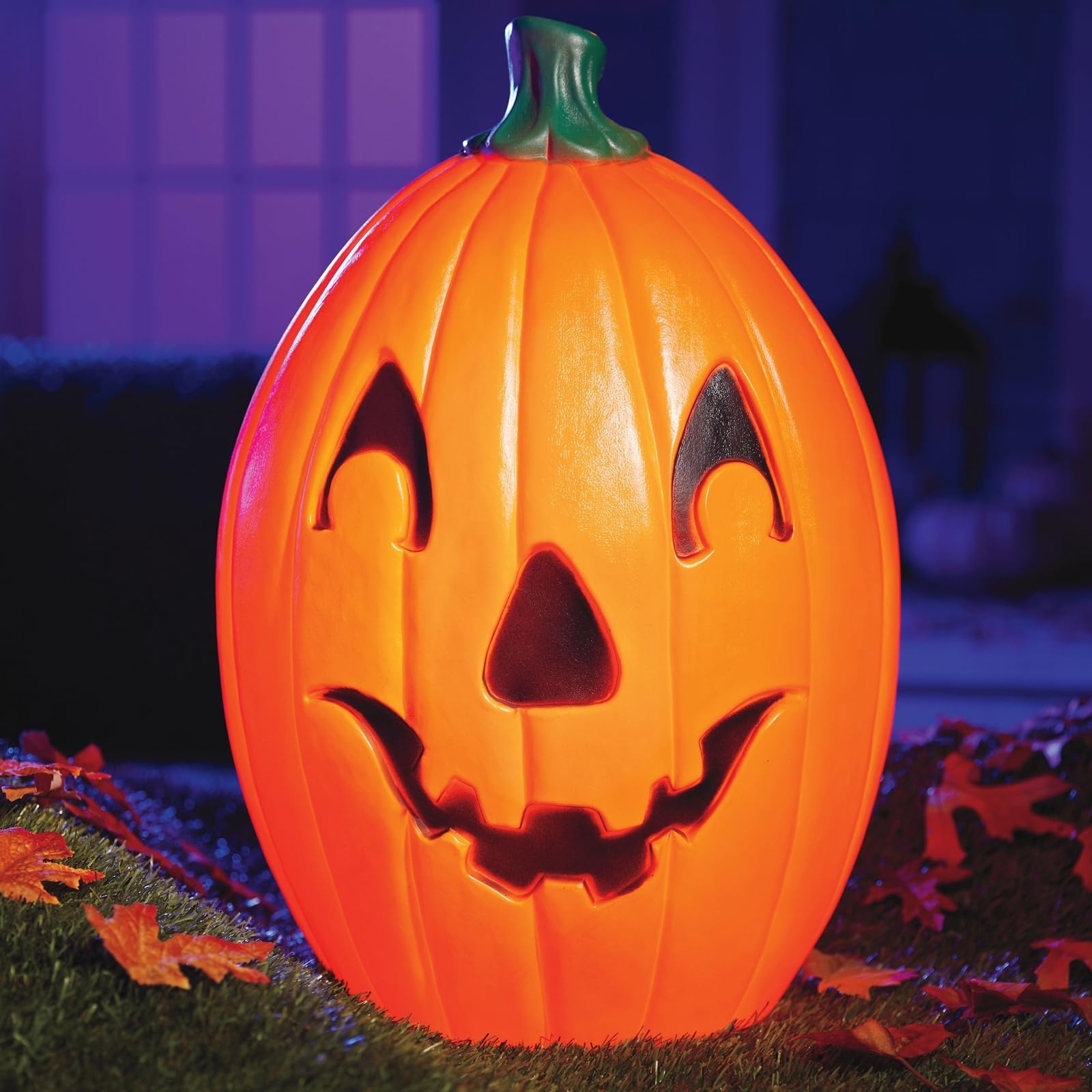 Union 22-inch pumpkin front view showing lit silhouette and curb appeal