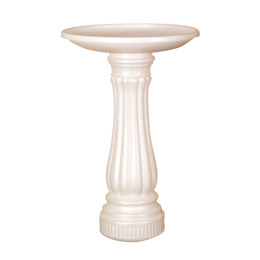UNION PRODUCTS front view of white bird bath showing classic garden styling and benefit