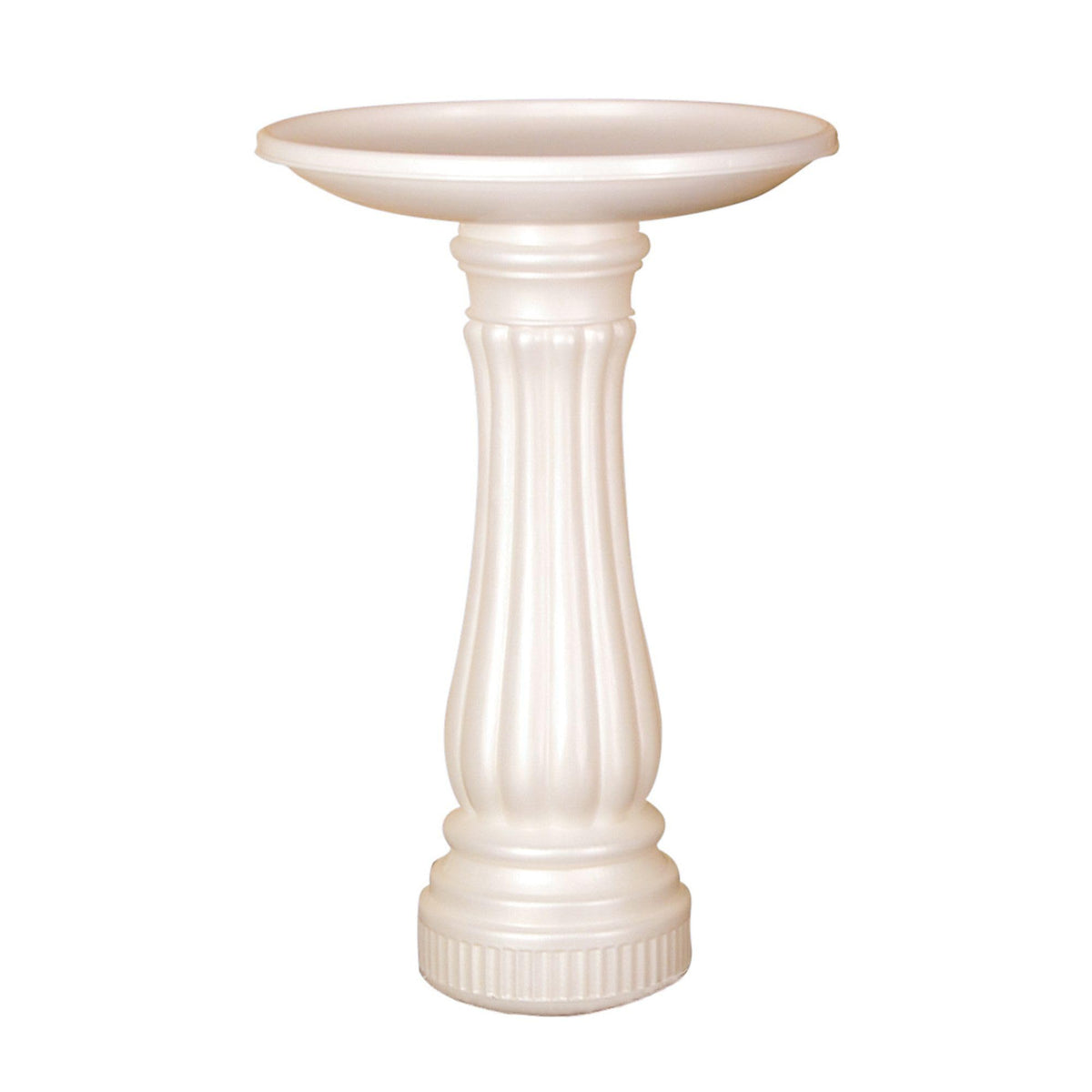 UNION PRODUCTS front view of white bird bath showing classic garden styling and benefit