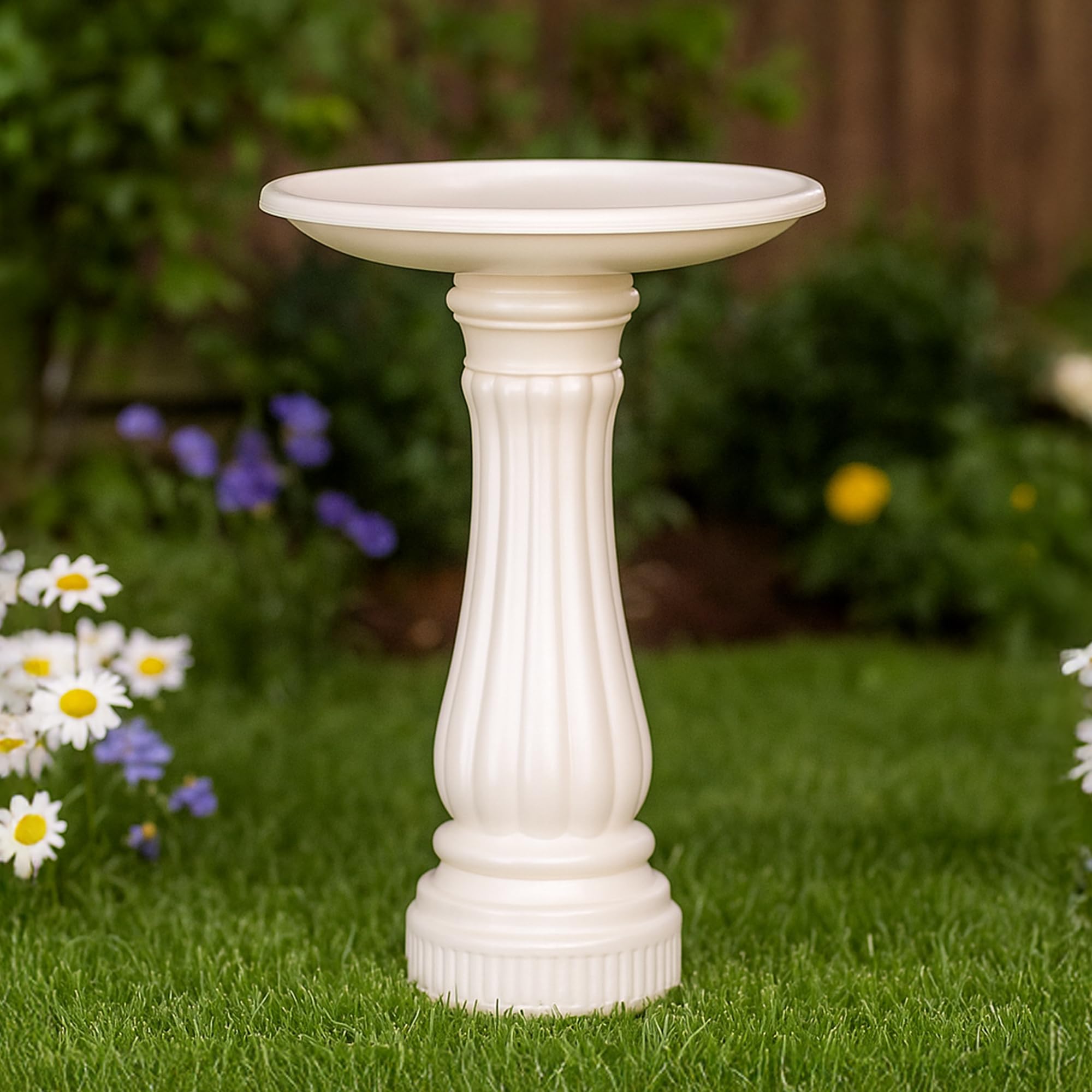 UNION PRODUCTS bird bath next to ruler showing 17 inch bowl and 25 inch height benefit
