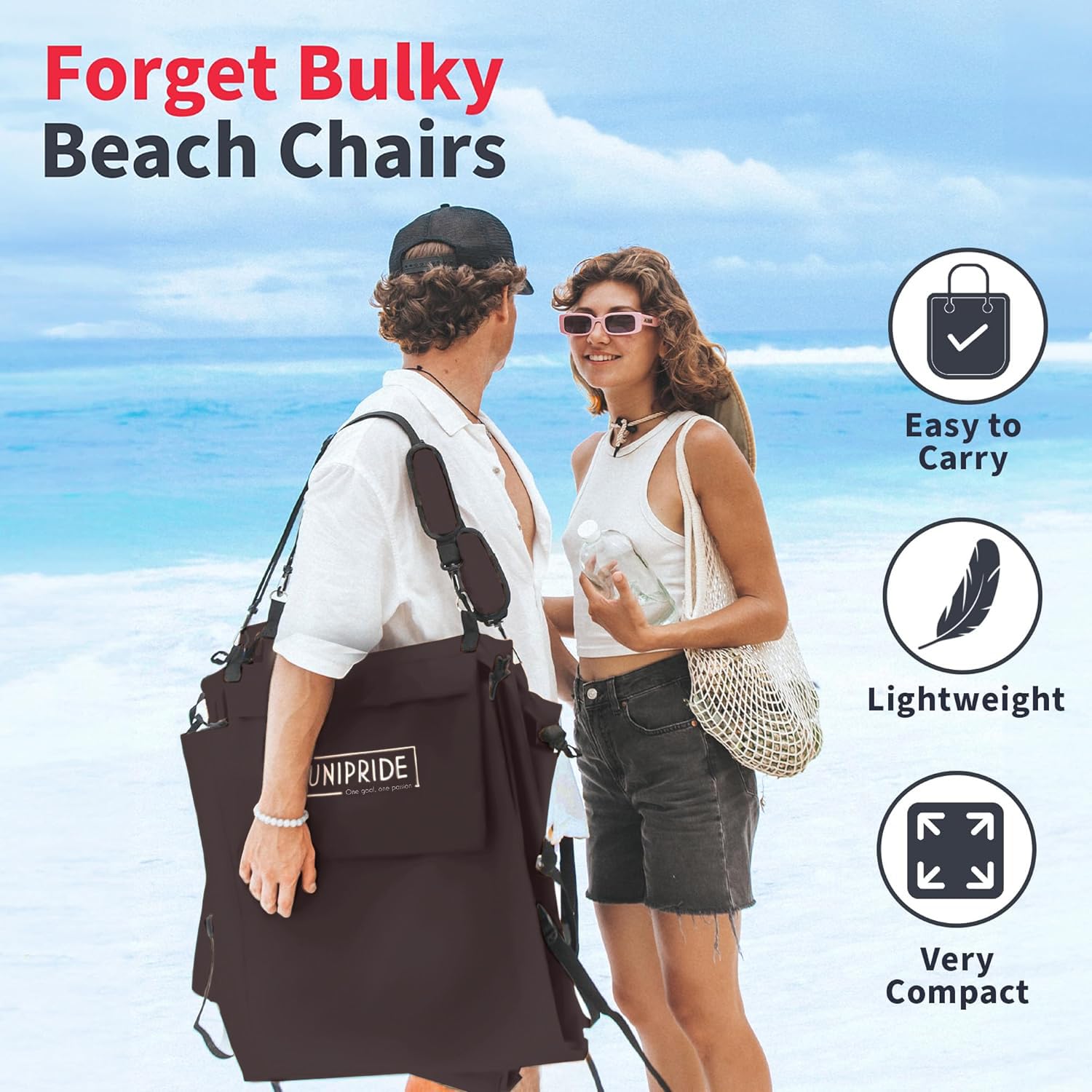UNIPRIDE adjustable backrest set to recline on beach demonstrating customizable comfort