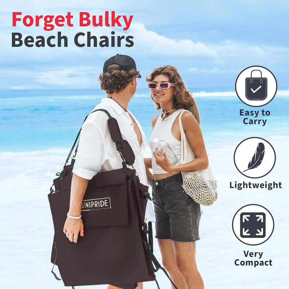 UNIPRIDE adjustable backrest set to recline on beach demonstrating customizable comfort