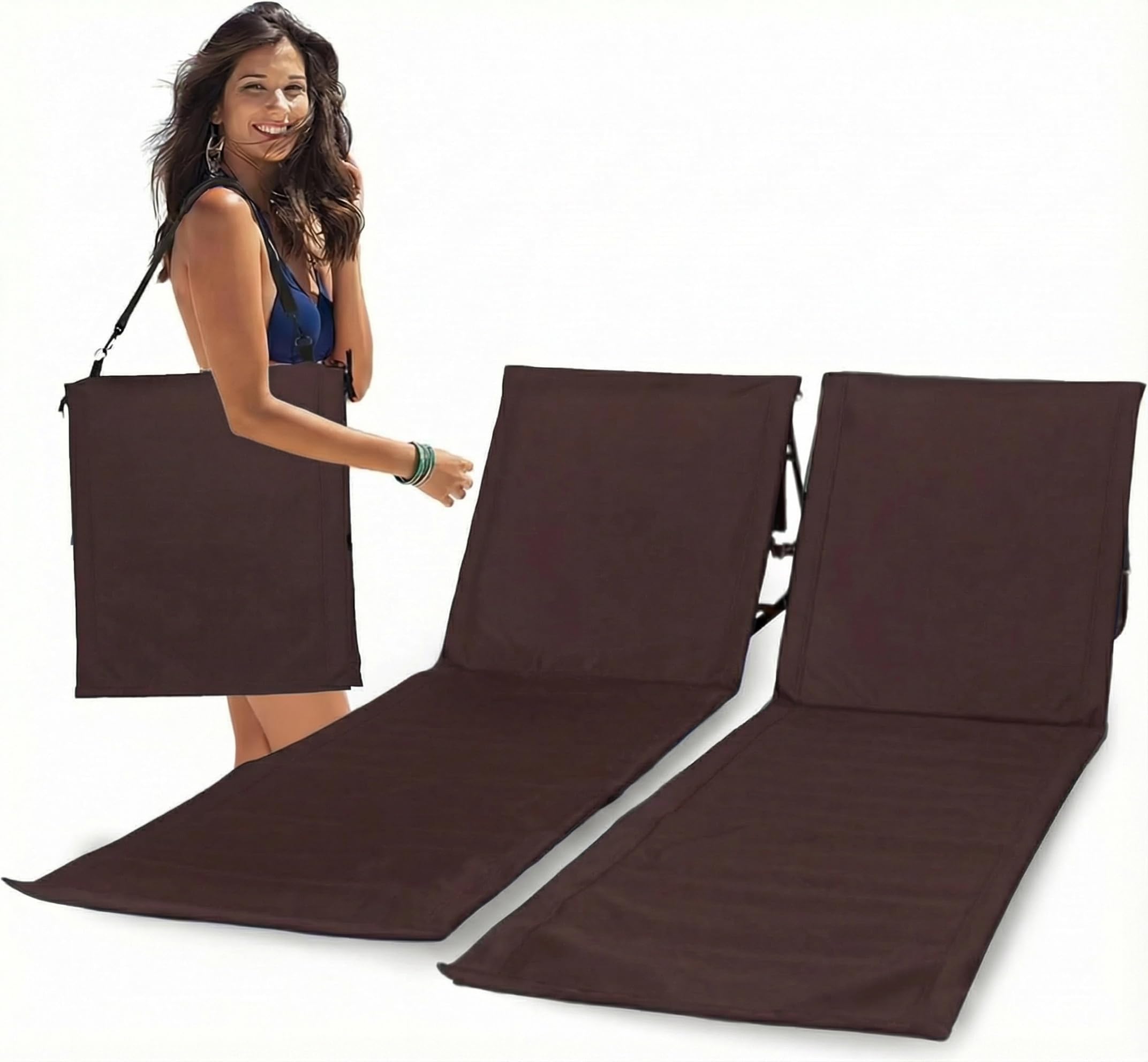 UNIPRIDE front view of two brown folded beach chairs showing compact portability