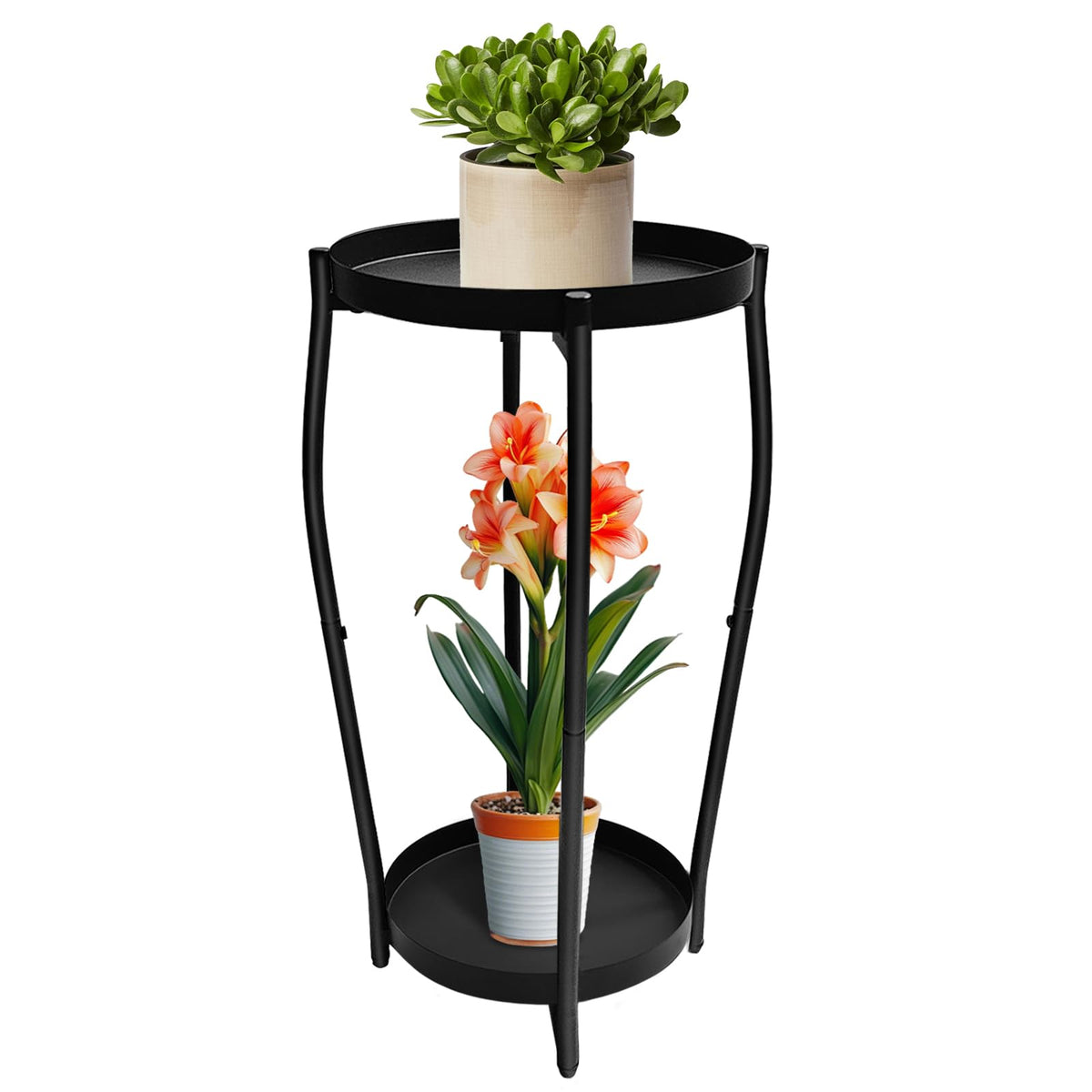 Uniqcovosa front view plant stand showing sleek black finish and space saving benefit