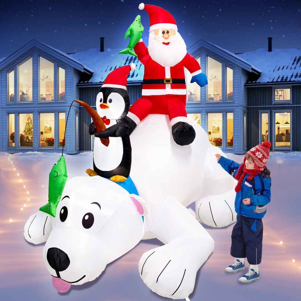 UniqSeason front view of Santa and penguin on polar bear, bright curb appeal