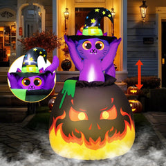 UniqSeason front view of witch kitty inflatable, bright visual centerpiece