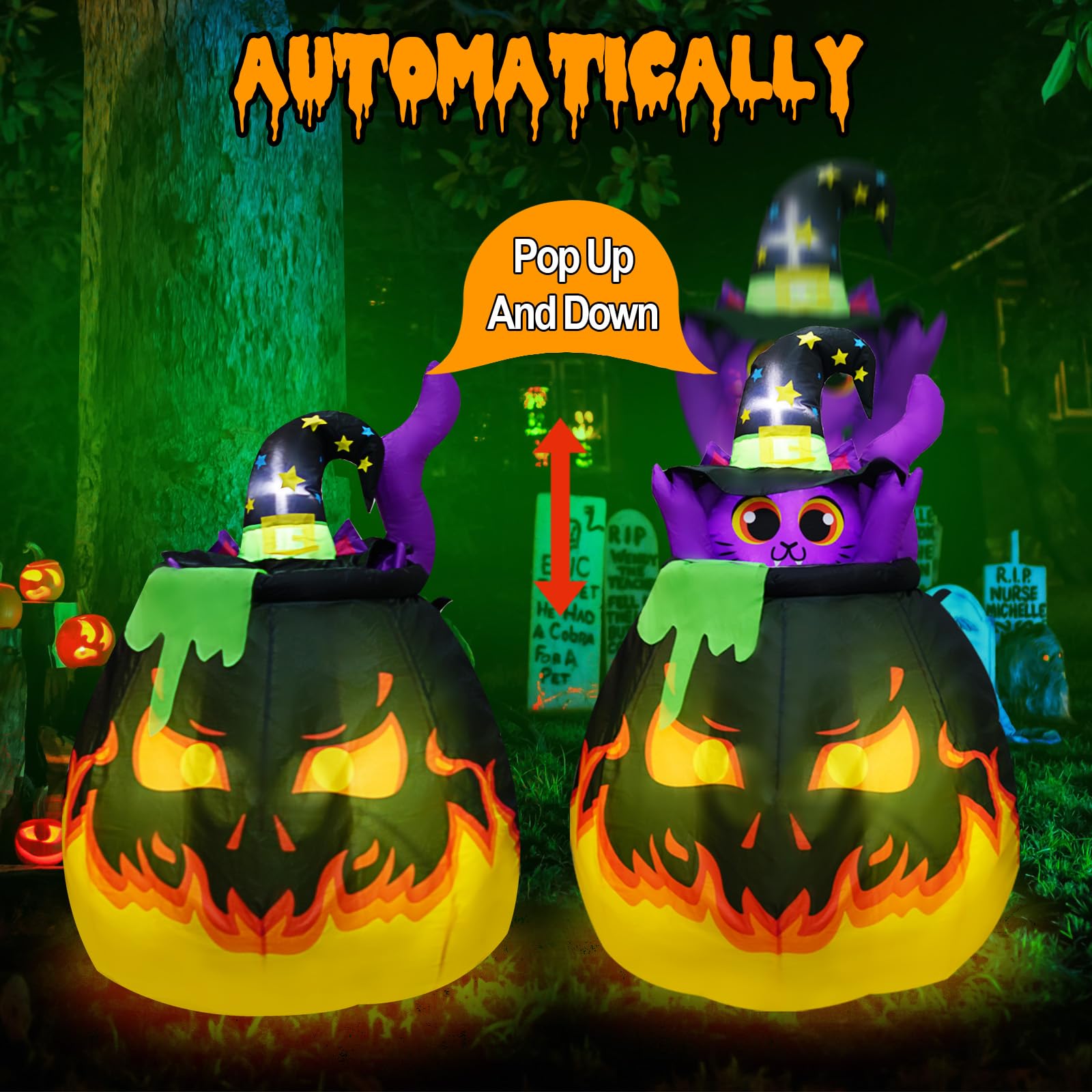 UniqSeason lit witch kitty at night, glowing LED illumination for visibility