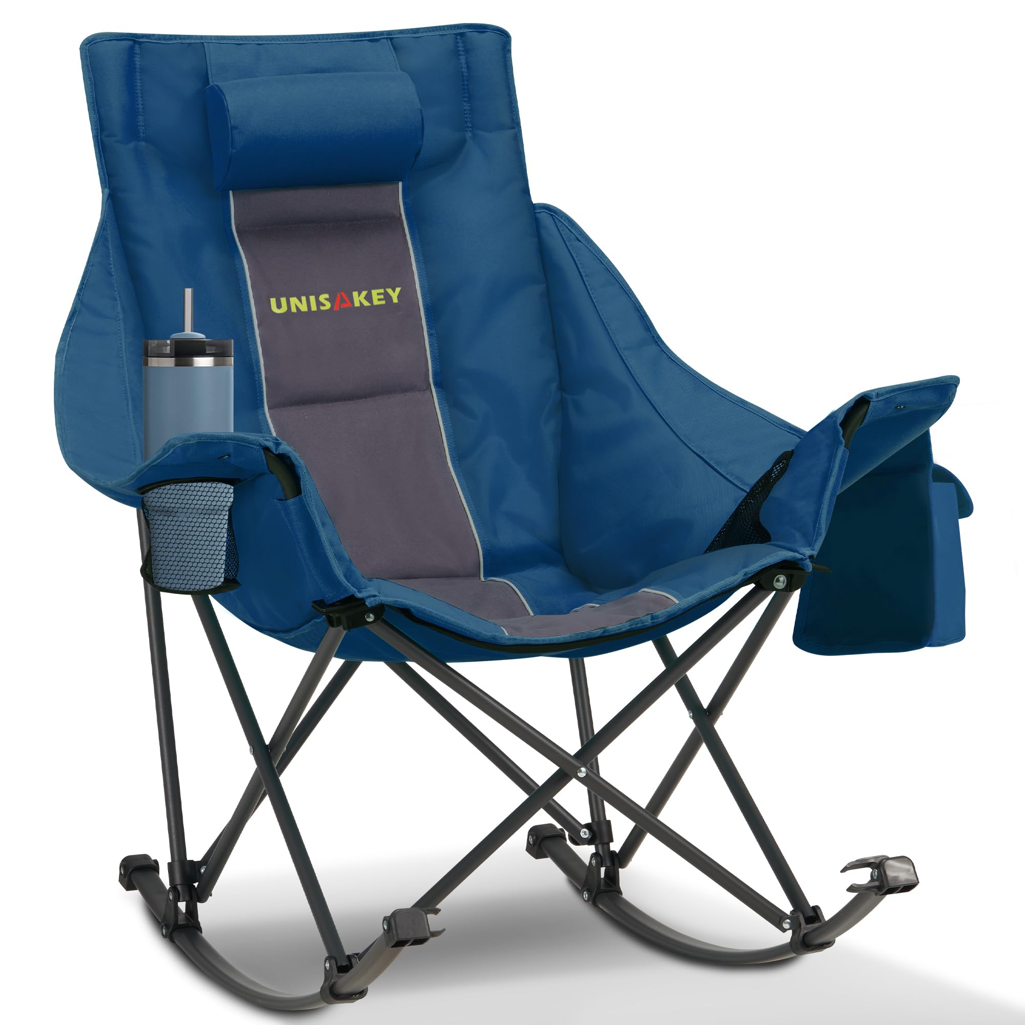 Unisakey front view of unfolded chair showing roomy seat and rocker benefit