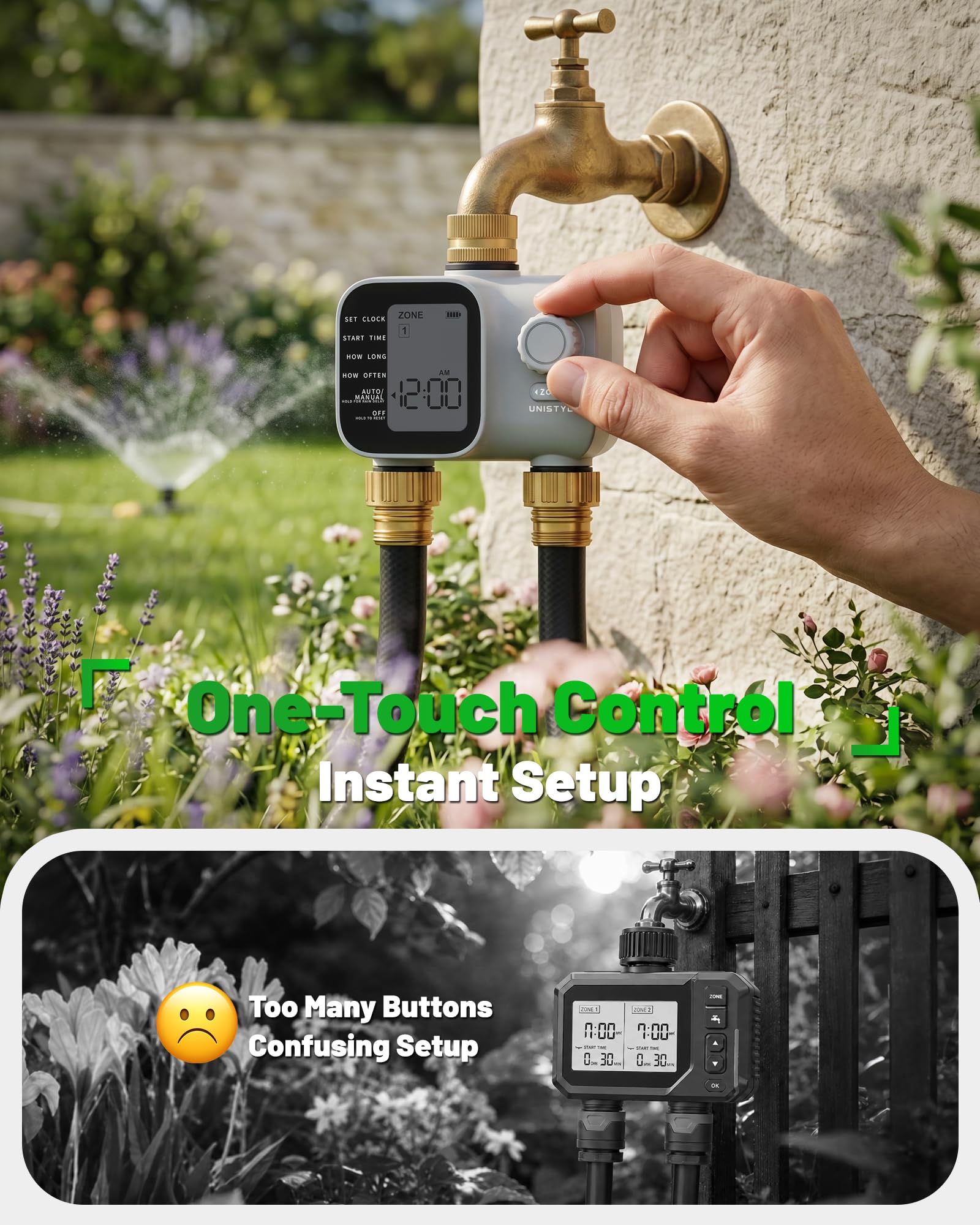 Unistyle close-up of brass inlet and outlet demonstrating durable corrosion resistance