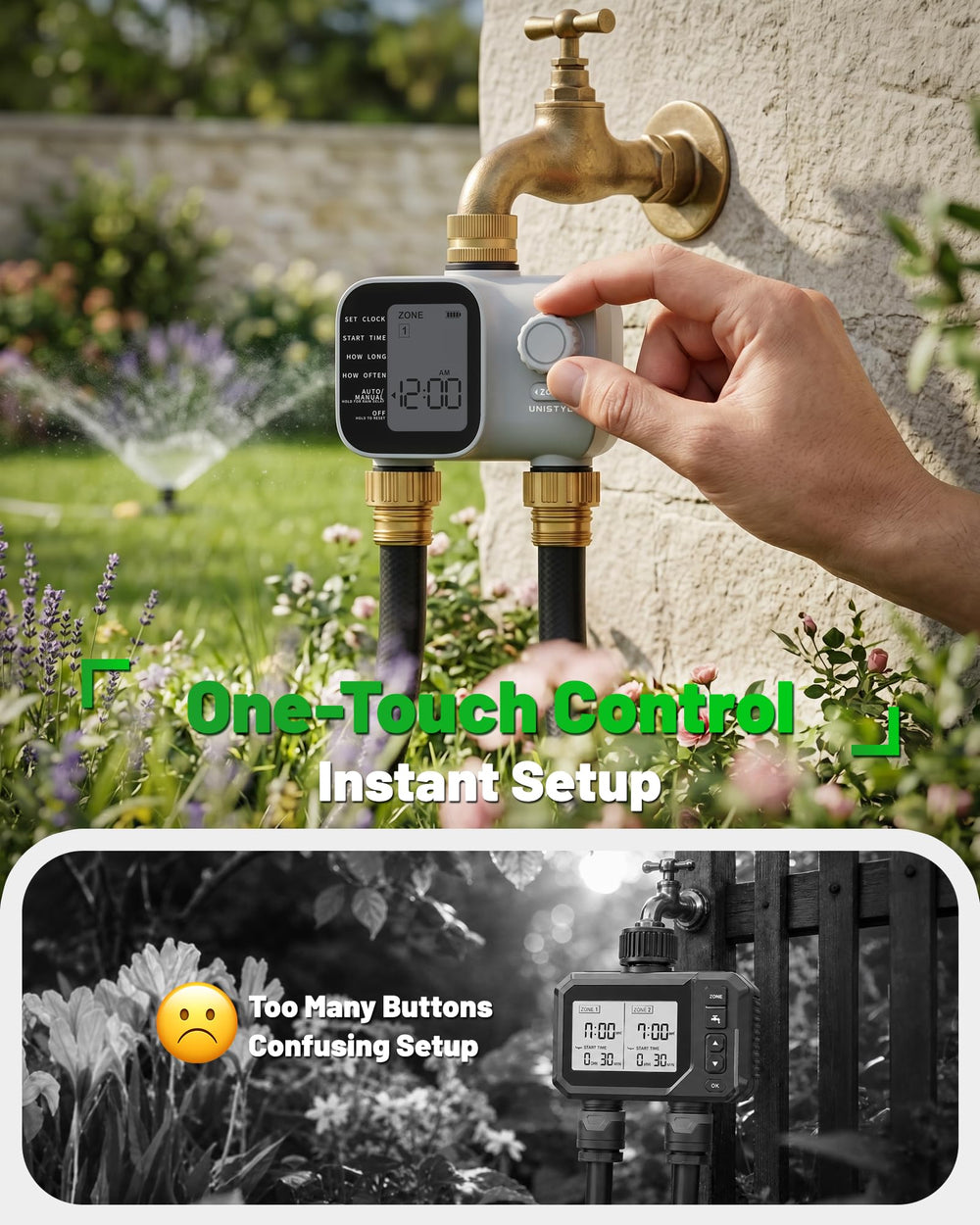 Unistyle close-up of brass inlet and outlet demonstrating durable corrosion resistance