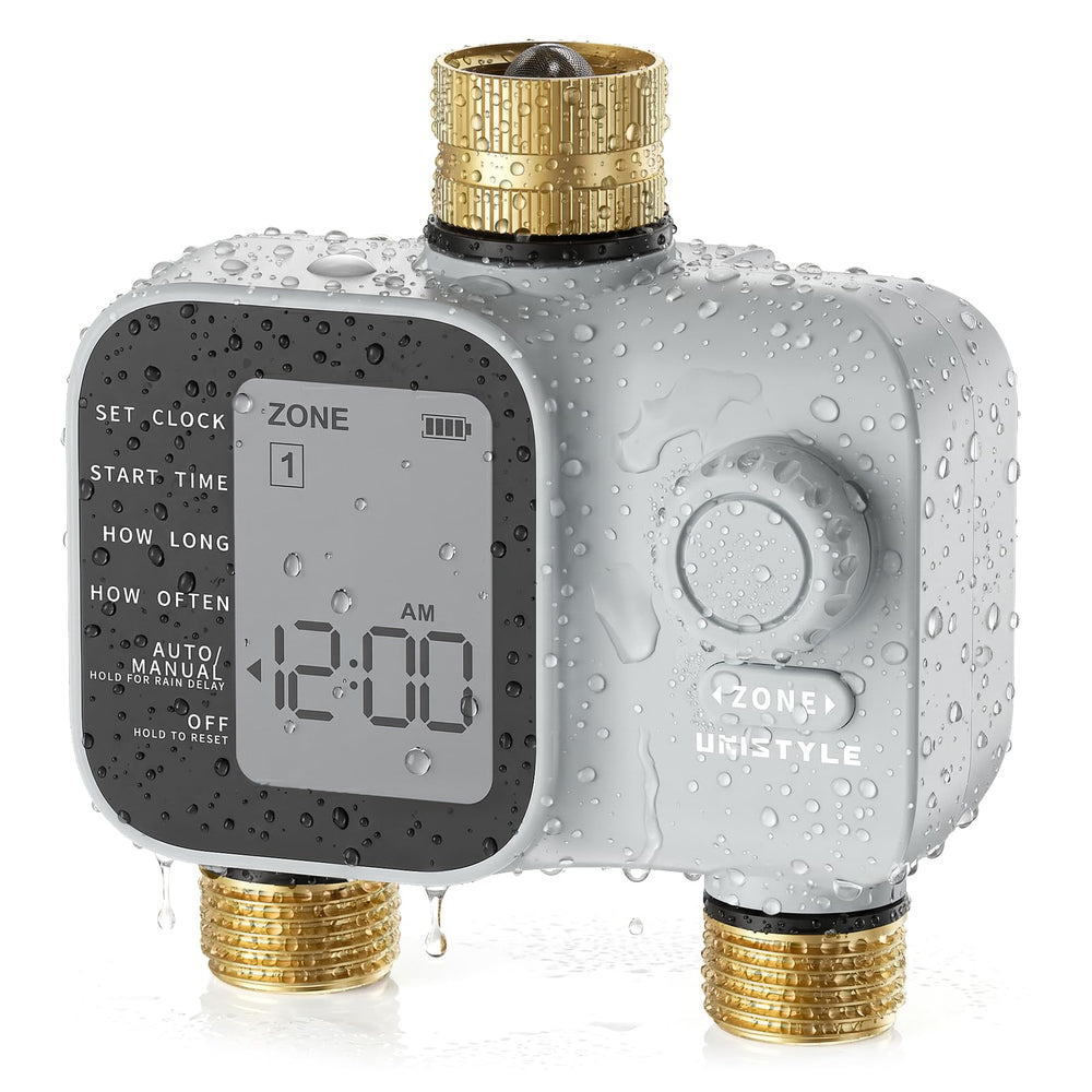 Unistyle front view of programmable timer showing clear display and benefits