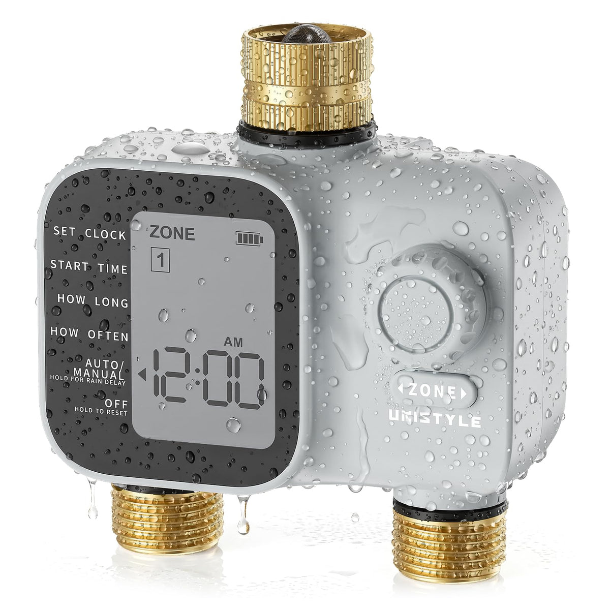Unistyle front view of programmable timer showing clear display and benefits