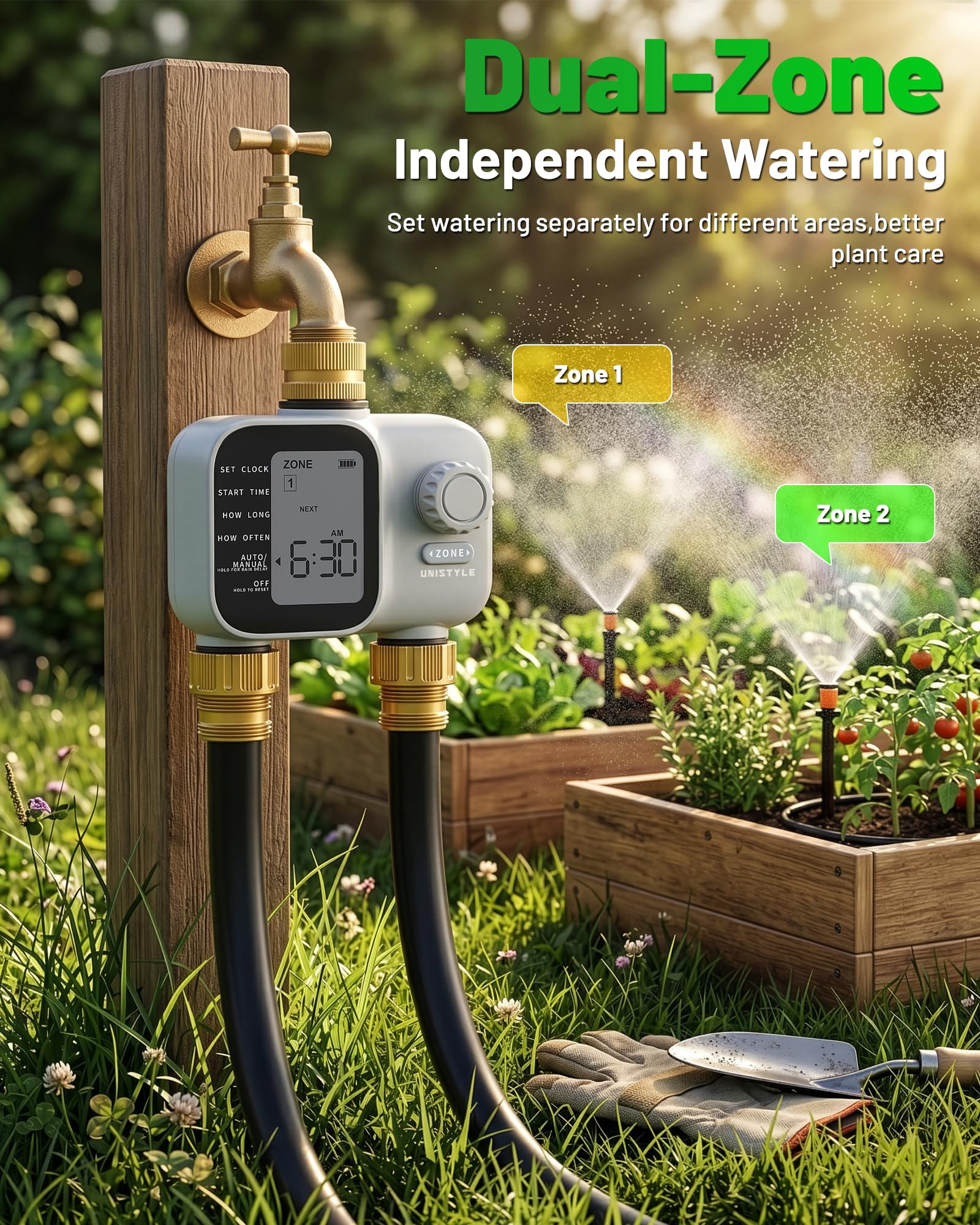 Unistyle timer installed on faucet providing hands-free scheduled watering