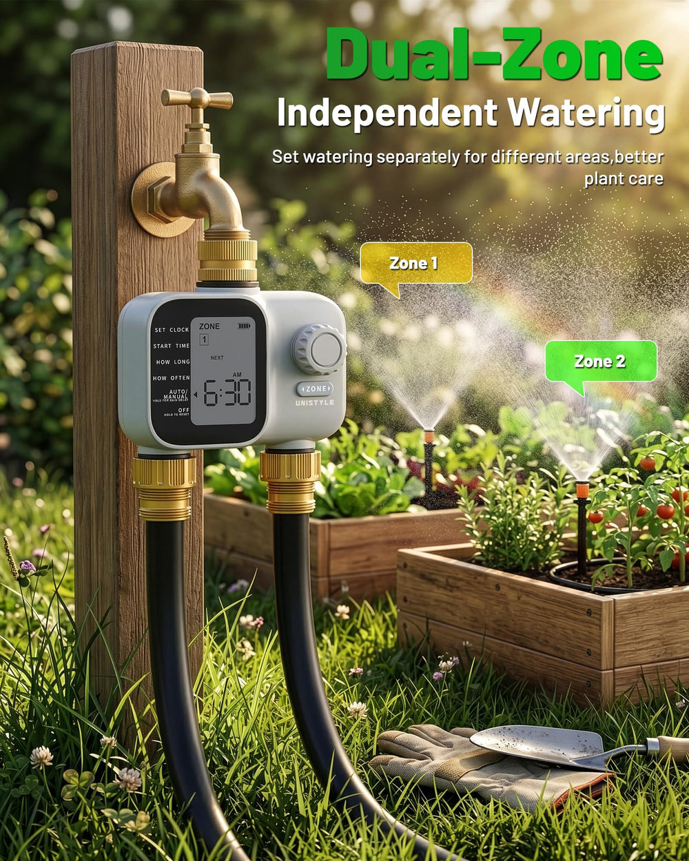 Unistyle timer installed on faucet providing hands-free scheduled watering