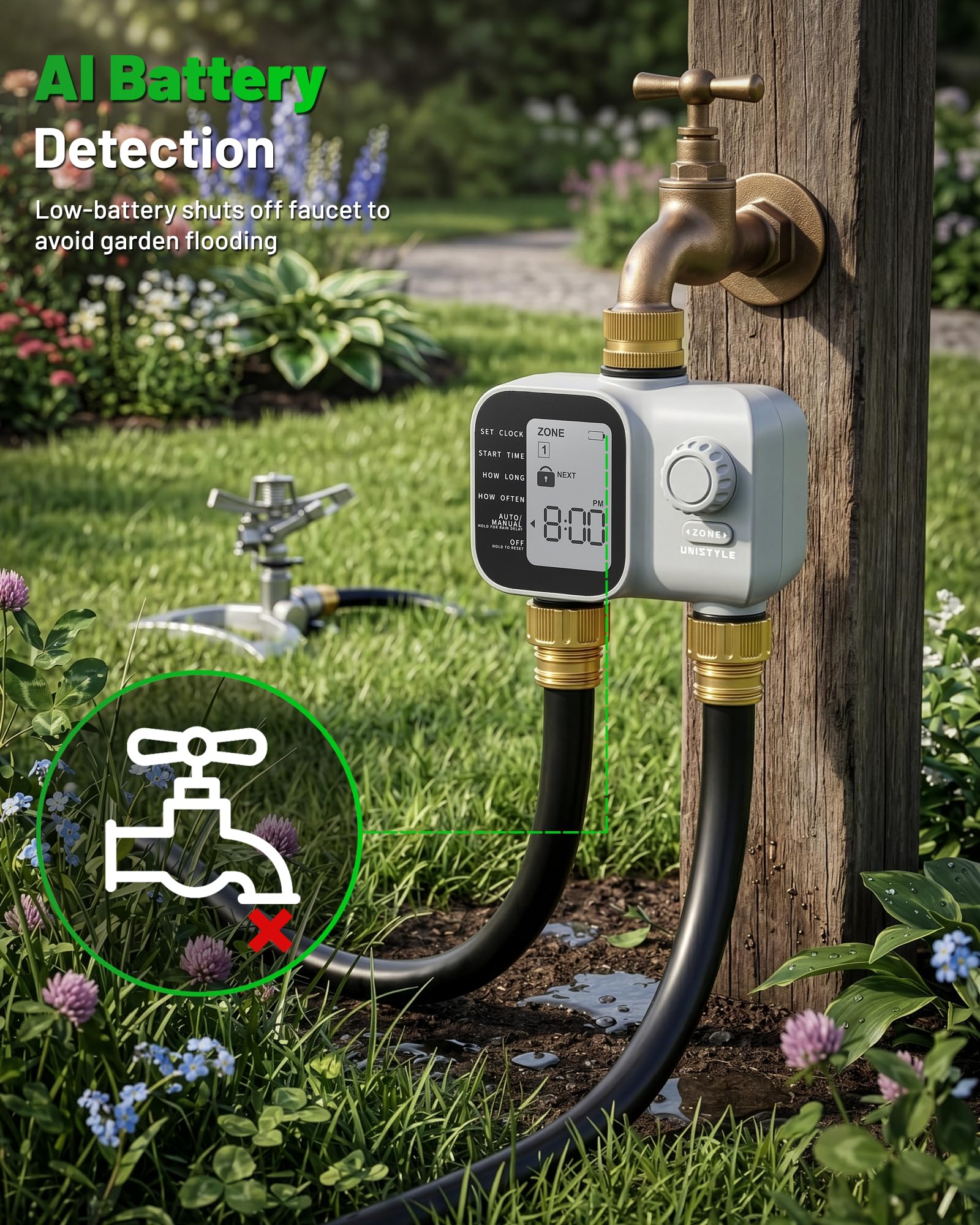 Unistyle in-use watering garden to conserve water with programmable schedules