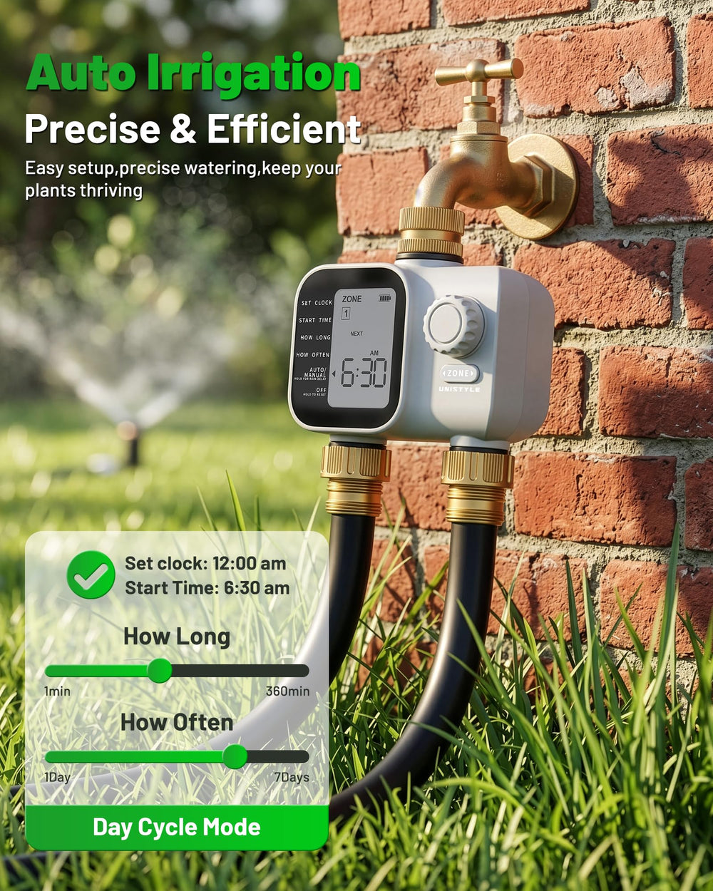 Unistyle zone selector detail showing two-zone control for customized irrigation