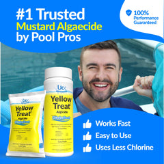 United Chemical YellowTreat vertido en piscina con agua clara, restaura visibilidad rápido