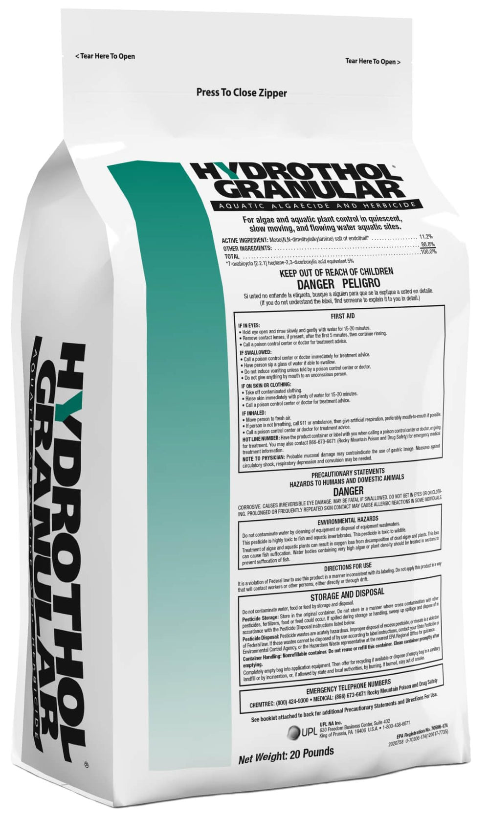 United Phosphorus Hydrothol 20 lb bag front view showing product and label benefits
