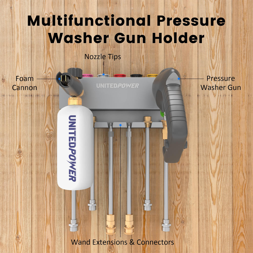 UNITEDPOWER holder with gun and foam cannon mounted, speeds setup and cleanup
