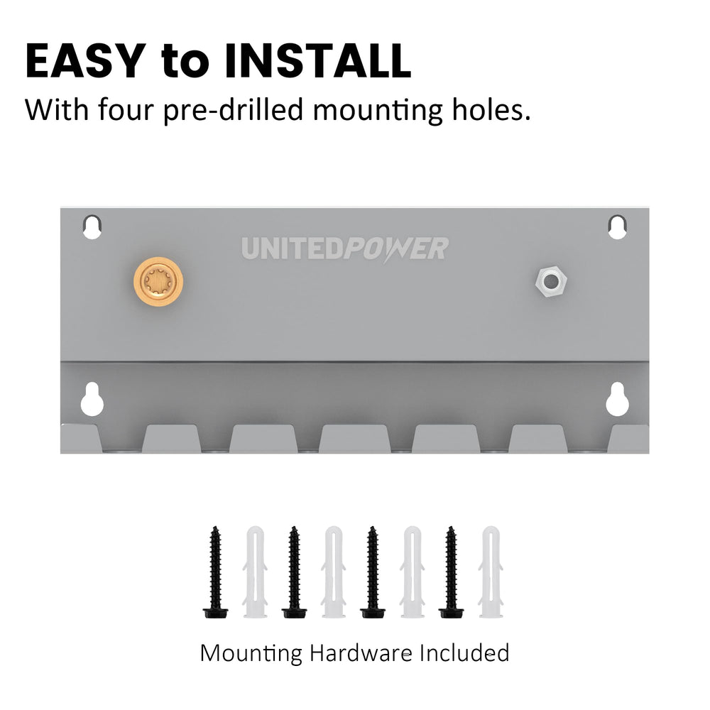 UNITEDPOWER mounted on garage wall, saves floor space and improves organization