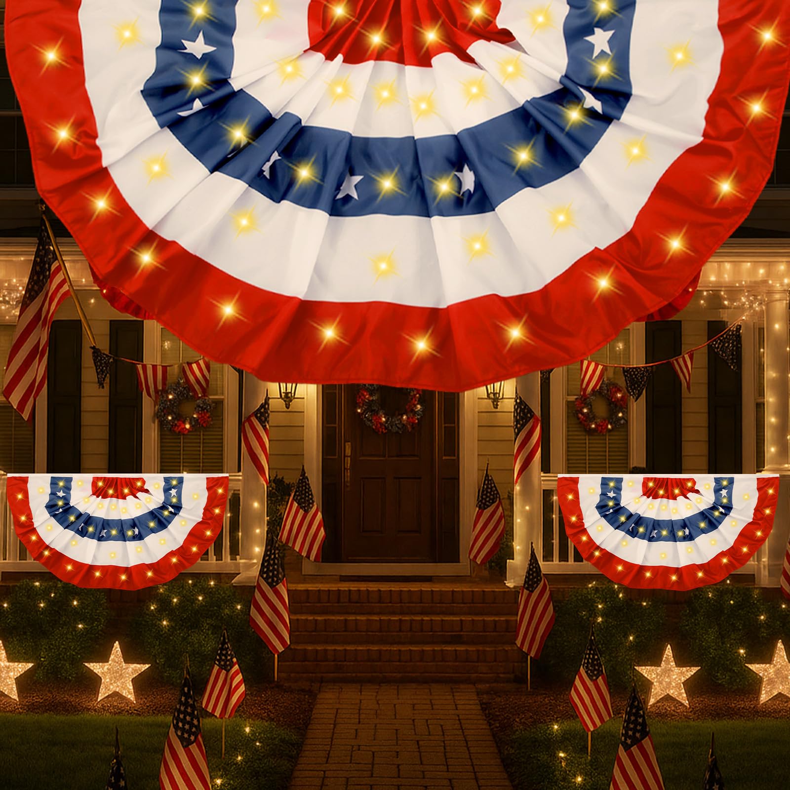 Unittype pleated fan flag front view showing patriotic design and size benefit