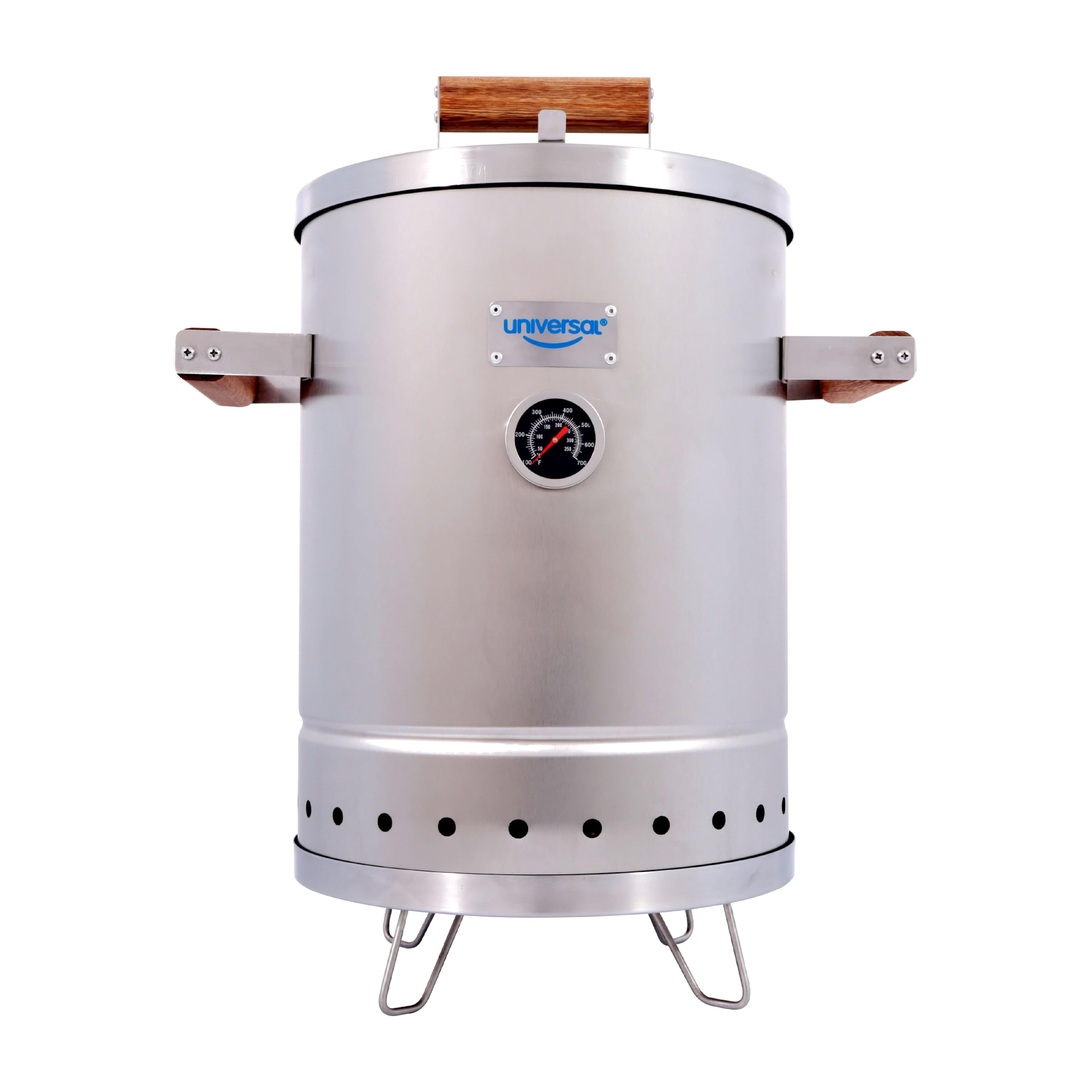 universal front view of smoker showing compact stainless-steel build and portability benefit