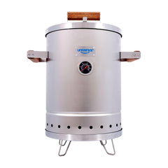 universal front view of smoker showing compact stainless-steel build and portability benefit