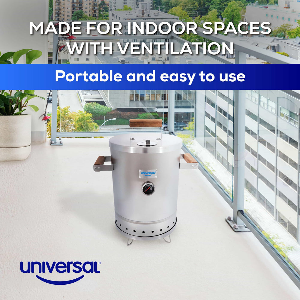 universal smoker in-use at a backyard barbecue producing rich smoky results