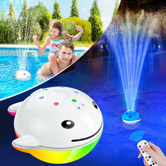 UniWater whale fountain front view showing lights and spray for pool ambiance