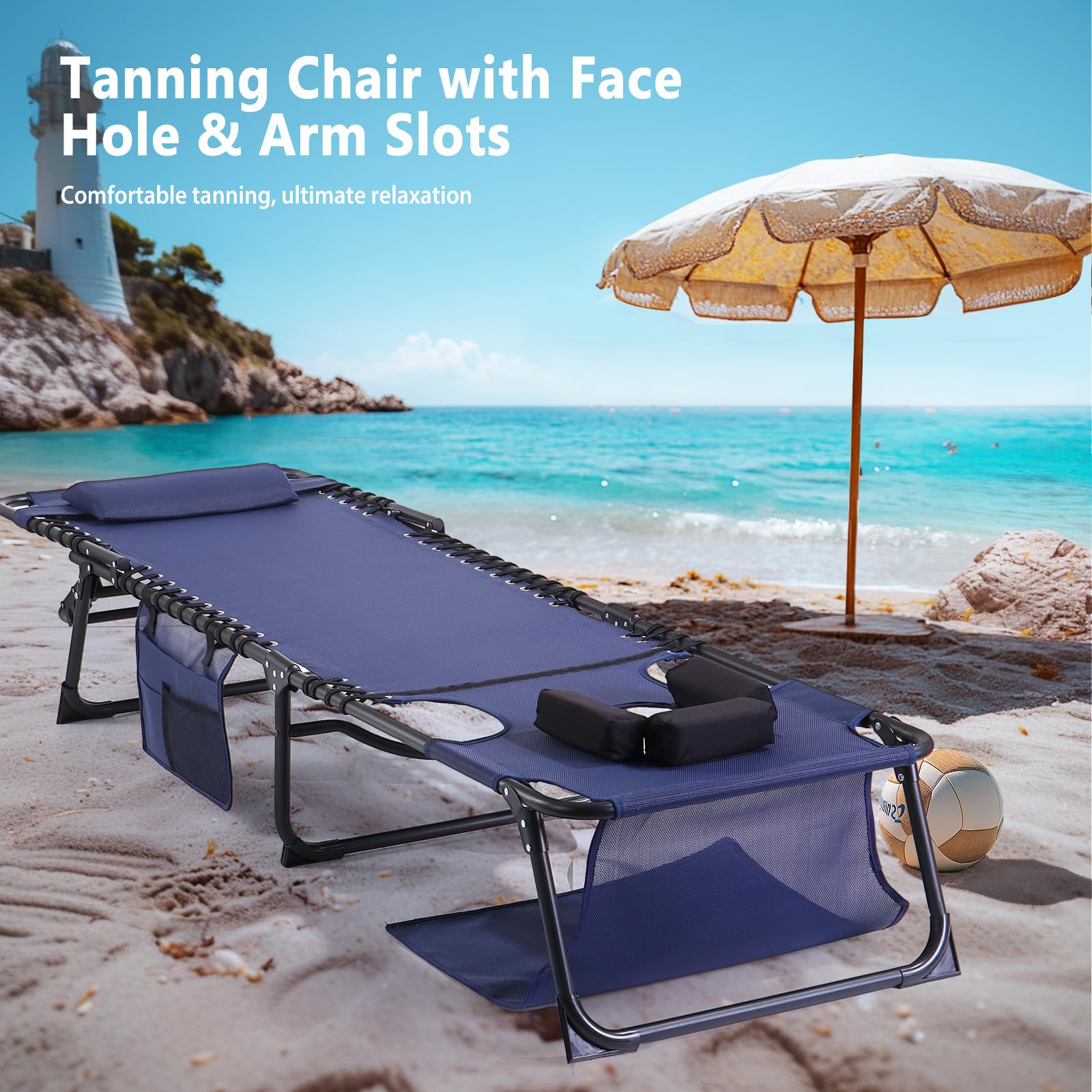 Unovivy close-up of cushioned face hole and pillow for supportive tanning