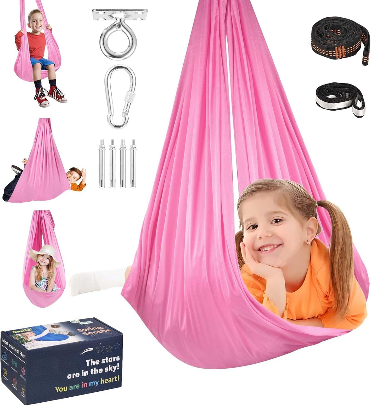 UONEME front view of pink sensory swing showing cozy hammock benefit