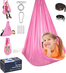 UONEME front view of pink sensory swing showing cozy hammock benefit