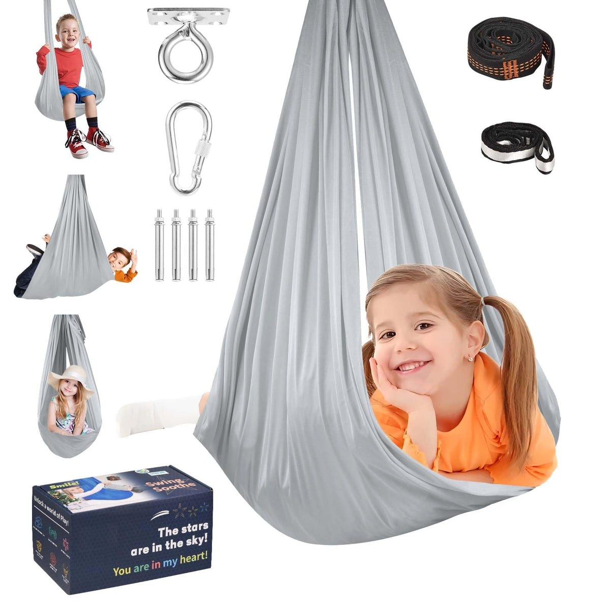 UONEME sensory swing front view showing cozy grey hammock and shape