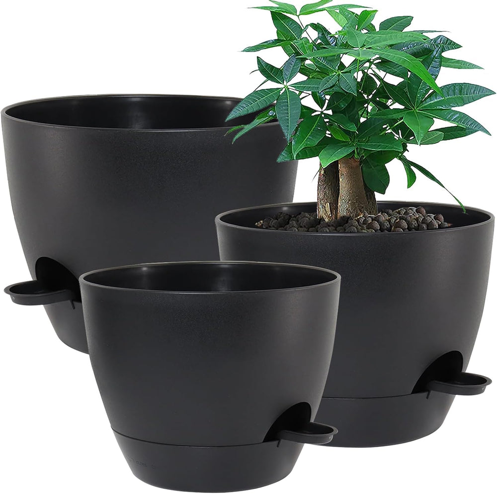 UOUZ front view of three black planters showing sizes and modern benefit